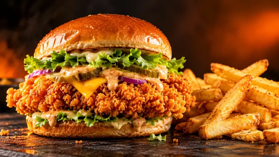 Photorealistic AI-generated chicken burger image
